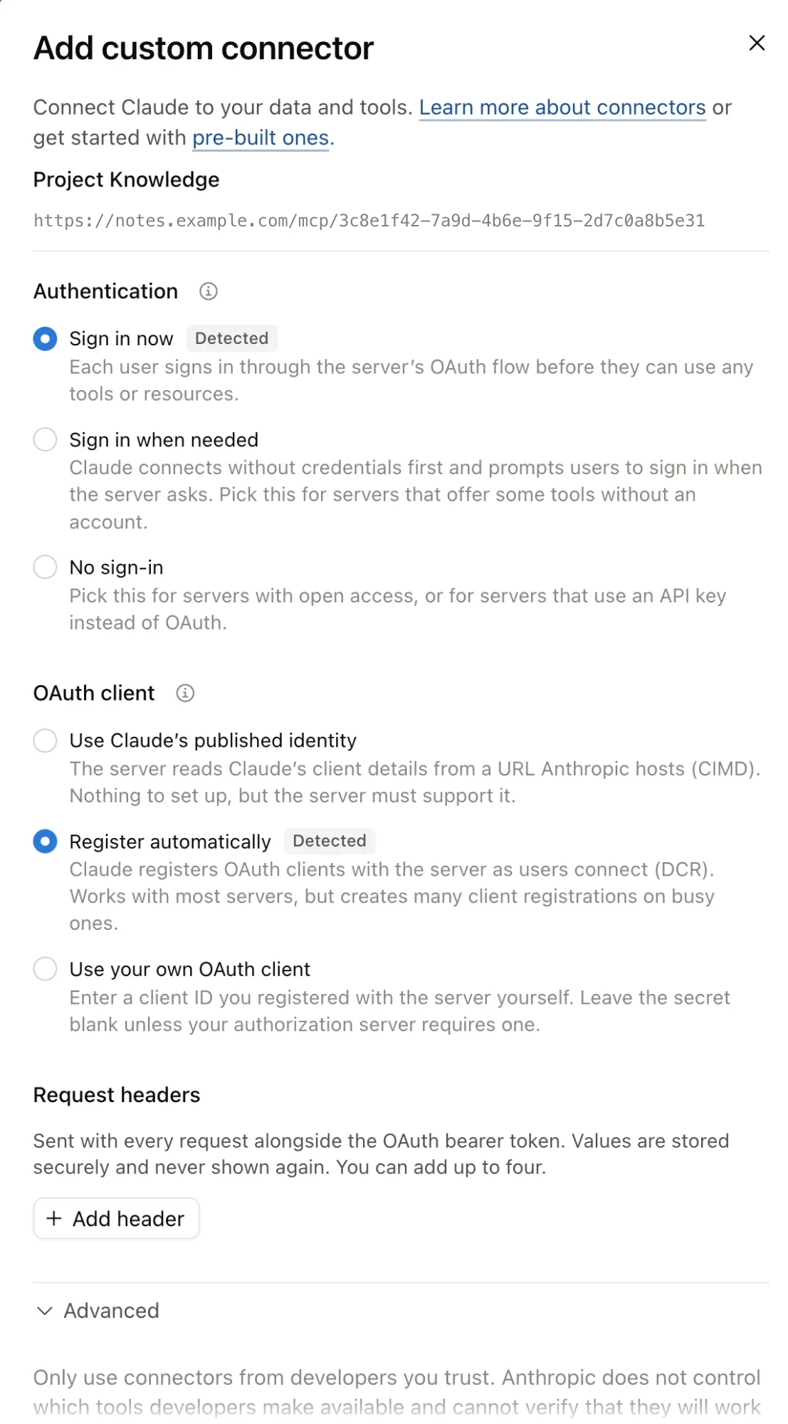The connector settings: the example endpoint URL, Sign in now selected and detected, Register automatically selected and detected.