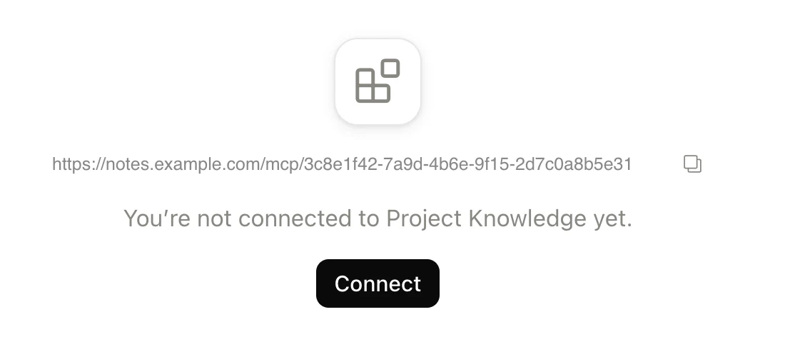 The new connector showing the example endpoint, the message “You’re not connected to Project Knowledge yet” and a Connect button.