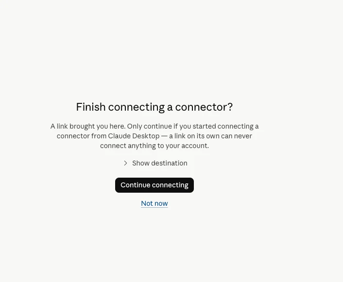 Claude’s “Finish connecting a connector?” page with a Continue connecting button.