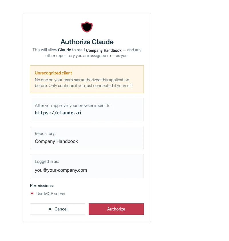 Notedigit’s Authorize Claude screen with an Unrecognized client notice, the redirect to https://claude.ai, the repository Company Handbook, the example account you@your-company.com and an Authorize button.